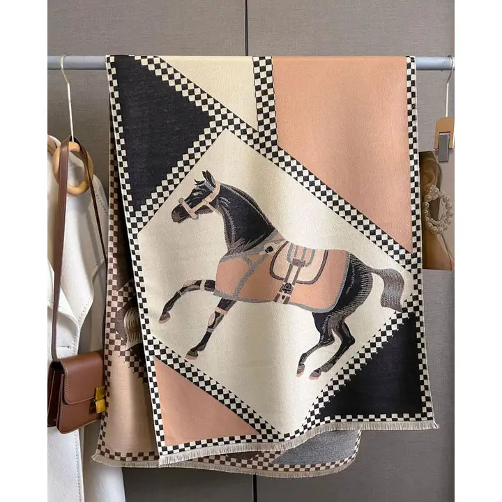 Horses in Blankets Acrylic Cashmere Scarf - Black