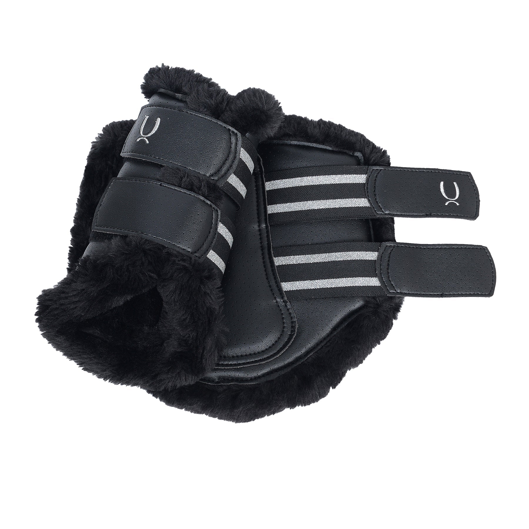 Black Ippico AERO 2.0 Cool Flow Brushing Boots with faux fur lining and perforated synthetic leather, featuring strong elastic and velcro attachments for secure fit and shock absorption, suitable for front or back use.