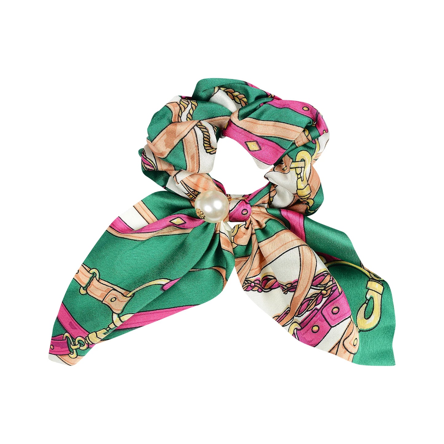 Ippico Equestrian Scrunchie in green, crafted from high-grade satin print fabric with pink and beige accents, featuring a sparkling pearl embellishment.