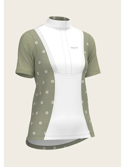 Espoir Mosaic Daises in Olive Short Pleated Short Sleeve Show Shirt