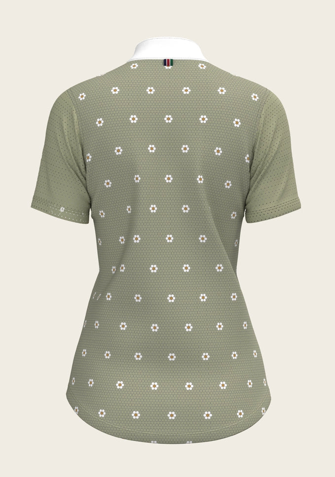 Espoir Mosaic Daises in Olive Short Pleated Short Sleeve Show Shirt