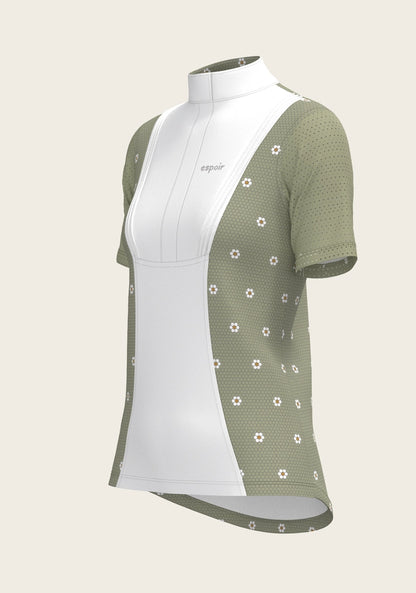 Espoir Mosaic Daises in Olive Short Pleated Short Sleeve Show Shirt