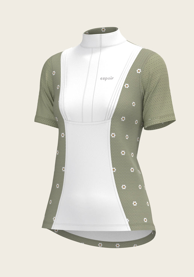 Espoir Mosaic Daises in Olive Short Pleated Short Sleeve Show Shirt