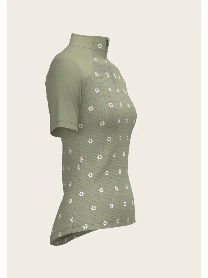 ESPOIR Mosaic Daises in Olive Short Sleeve Sport Sun Shirt