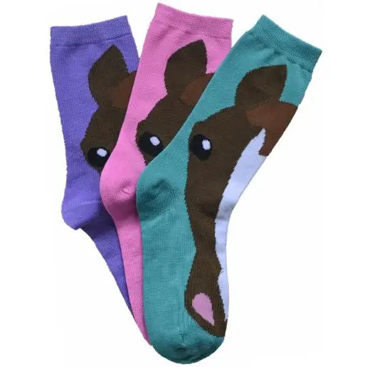 Ladies' Horse Face Crew Socks 3 Pack - Pink Purple Green