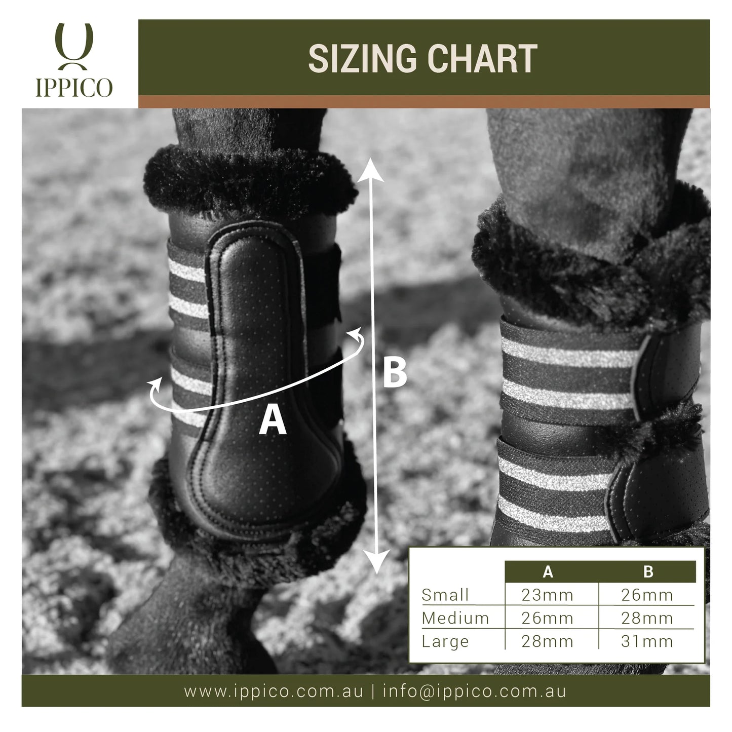 Sizing chart of  AERO 2.0 Cool Flow Brushing Boots with faux fur lining and perforated synthetic leather, featuring strong elastic and velcro attachments for secure fit and shock absorption, suitable for front or back use.