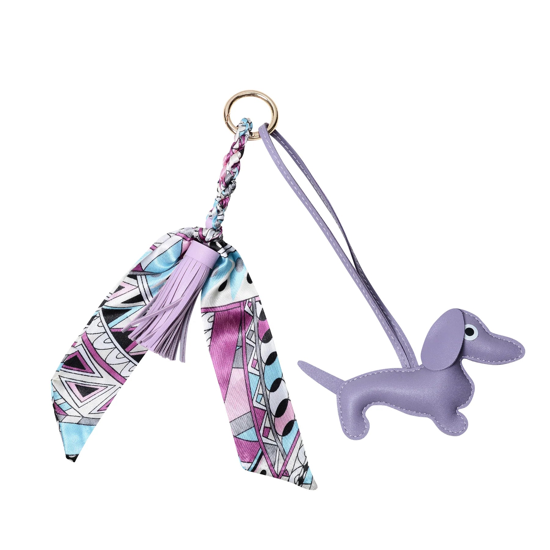 Lilac padded sausage dog keyring with faux leather tassel and equestrian-themed satin scarf, available in several colours