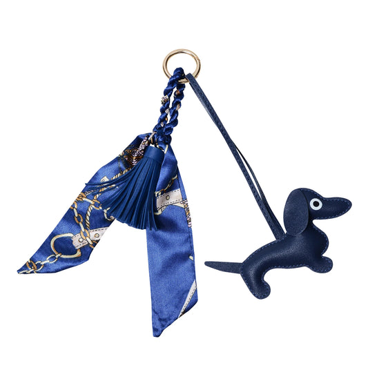 Navy padded sausage dog keyring with faux leather tassel and equestrian-themed satin scarf, available in several colours